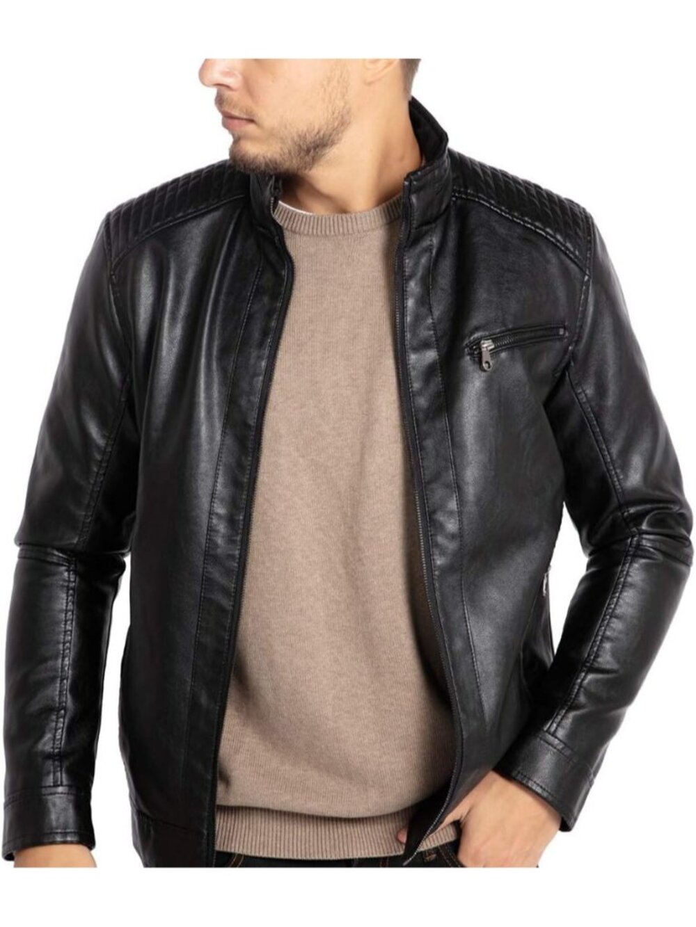 Men’s Faux Leather Motorcycle Jacket Stand Collar Lightweight Biker Coat-Black13